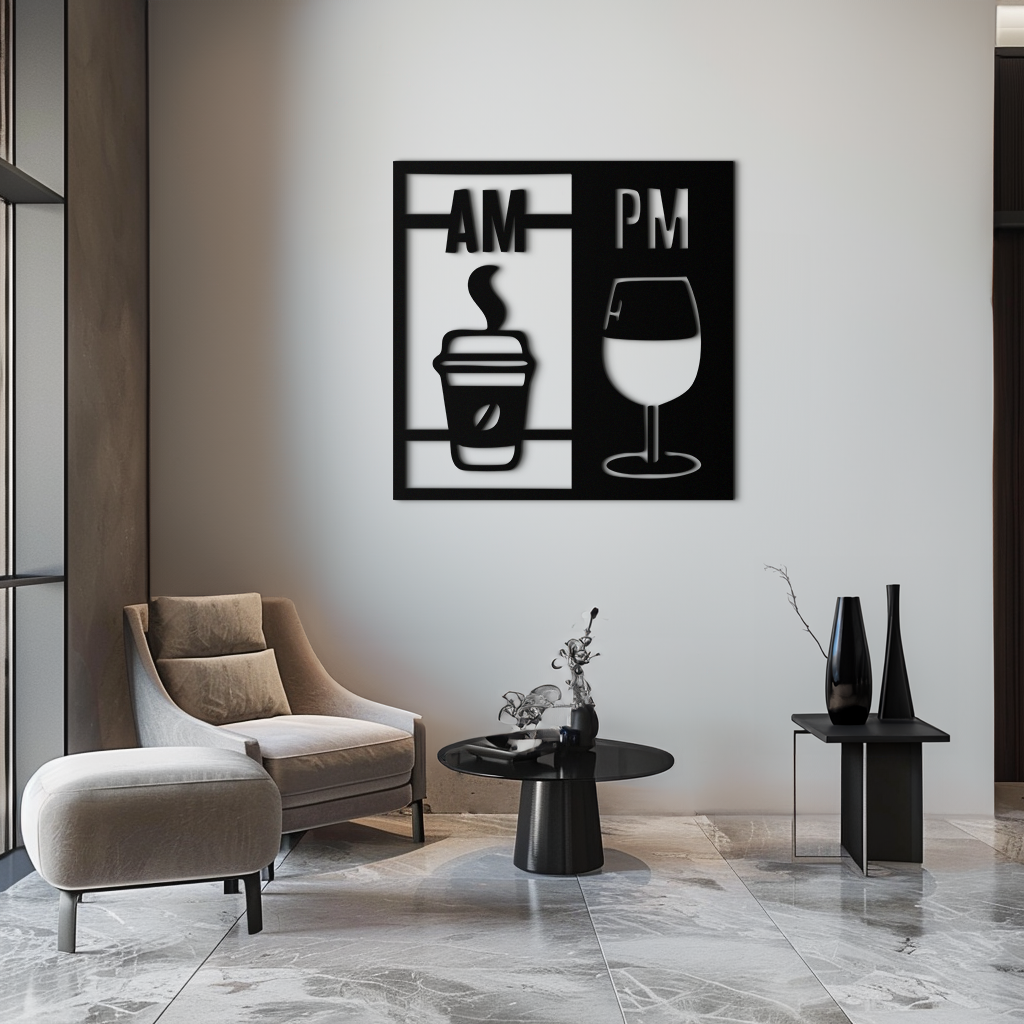 Morning Coffee and Evening Wine Metal Wall Art – AM PM Modern Black Kitchen Decor- KAF547