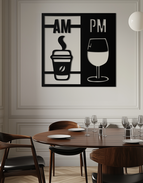 Load image into Gallery viewer, Morning Coffee and Evening Wine Metal Wall Art – AM PM Modern Black Kitchen Decor- KAF547
