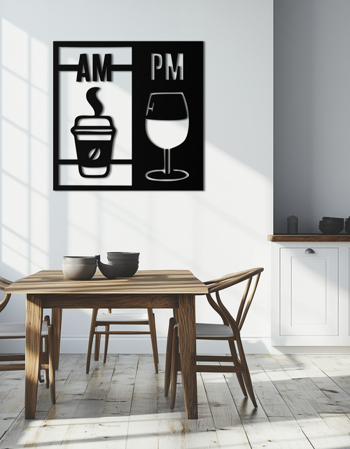 Load image into Gallery viewer, Morning Coffee and Evening Wine Metal Wall Art – AM PM Modern Black Kitchen Decor- KAF547
