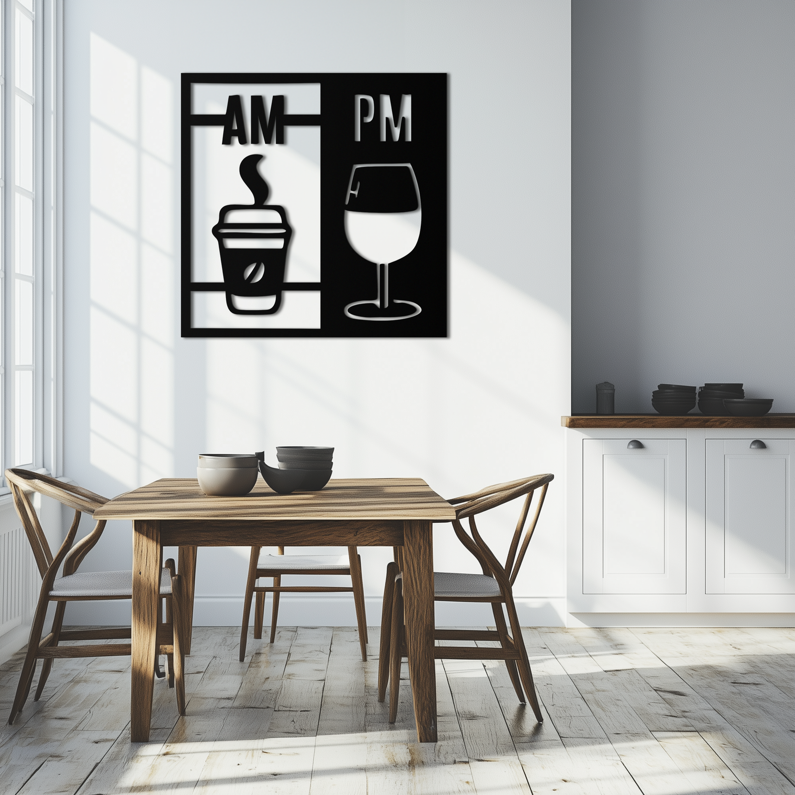 Morning Coffee and Evening Wine Metal Wall Art – AM PM Modern Black Kitchen Decor- KAF547