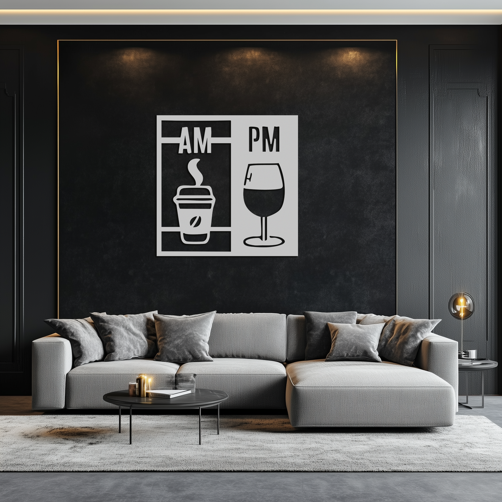 Morning Coffee and Evening Wine Metal Wall Art – AM PM Modern Black Kitchen Decor- KAF547