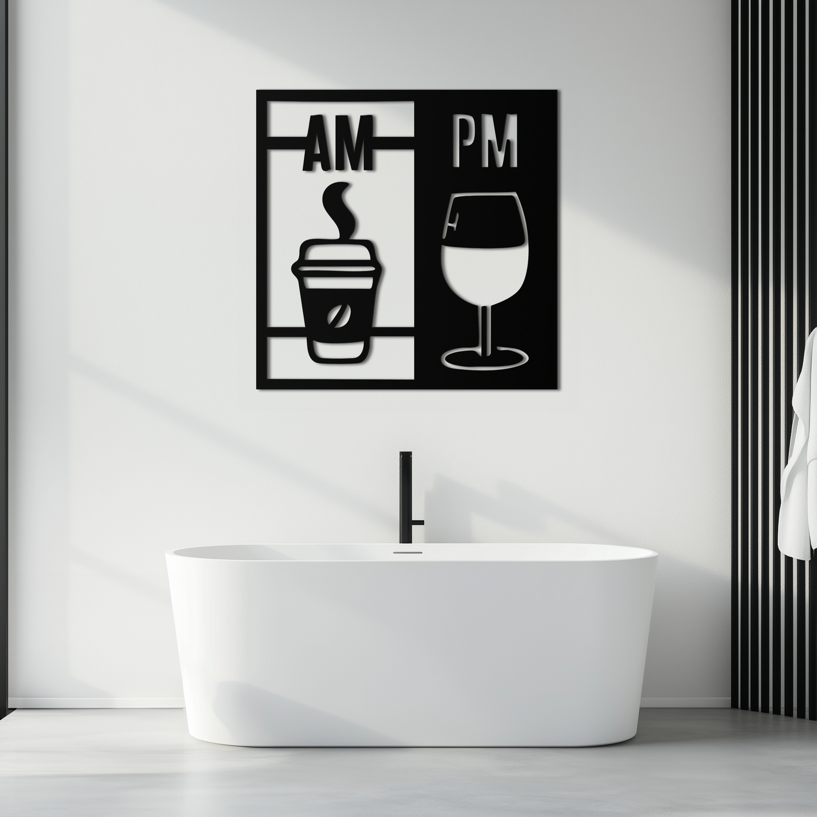Morning Coffee and Evening Wine Metal Wall Art – AM PM Modern Black Kitchen Decor- KAF547