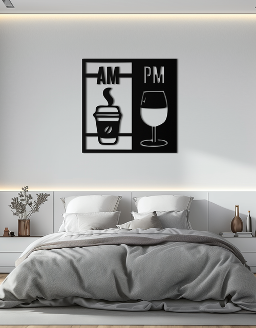 Load image into Gallery viewer, Morning Coffee and Evening Wine Metal Wall Art – AM PM Modern Black Kitchen Decor- KAF547
