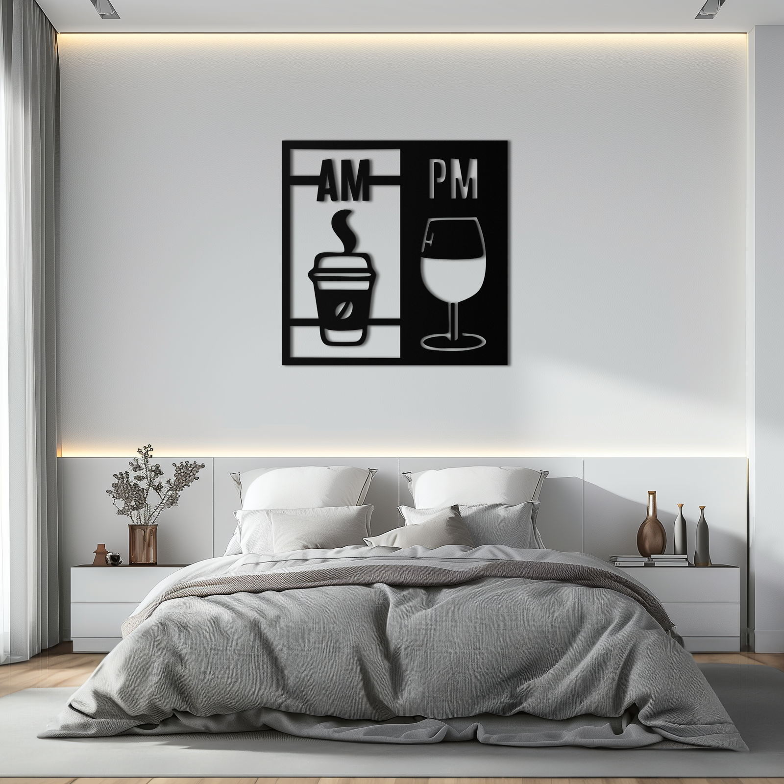 Morning Coffee and Evening Wine Metal Wall Art – AM PM Modern Black Kitchen Decor- KAF547