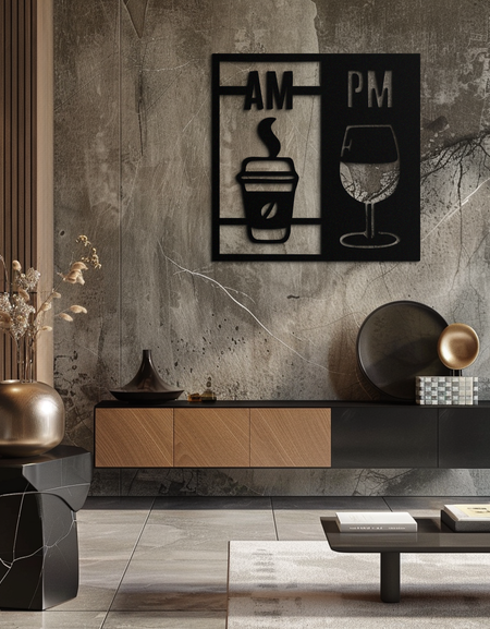 Sabah Kahvesi ve Akşam Şarabı Metal Duvar Sanatı – AM PM Modern Siyah Mutfak Dekoru- KAF547
