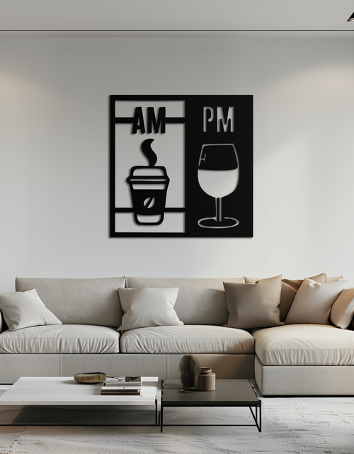 Load image into Gallery viewer, Morning Coffee and Evening Wine Metal Wall Art – AM PM Modern Black Kitchen Decor- KAF547
