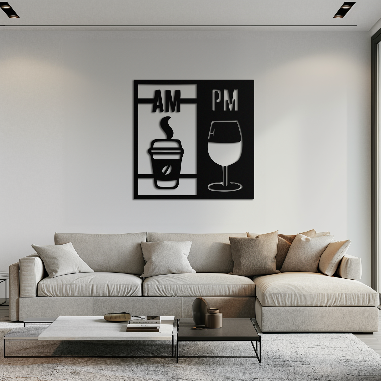 Morning Coffee and Evening Wine Metal Wall Art – AM PM Modern Black Kitchen Decor- KAF547