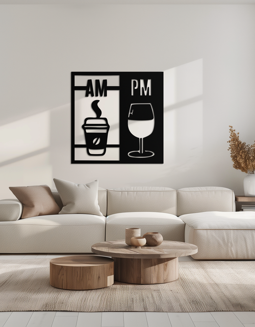 Load image into Gallery viewer, Morning Coffee and Evening Wine Metal Wall Art – AM PM Modern Black Kitchen Decor- KAF547
