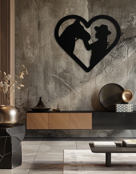 Kız ve At Silüeti Kalp Metal Duvar Sanatı – Çiftlik Evi At Sever Hediyesi- KAF548