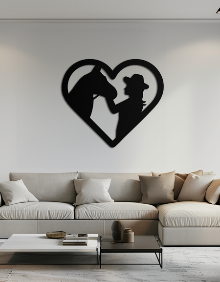 Kız ve At Silüeti Kalp Metal Duvar Sanatı – Çiftlik Evi At Sever Hediyesi- KAF548