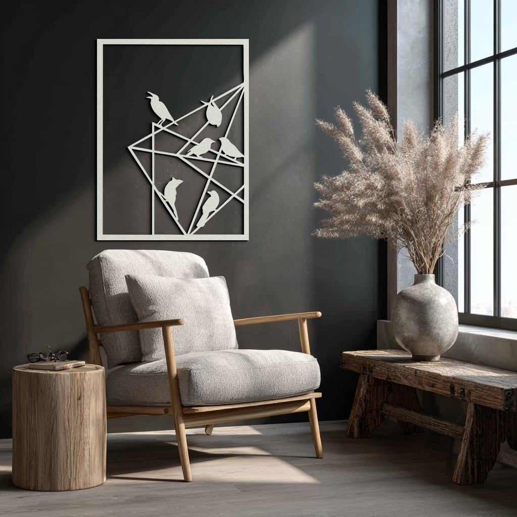 Geometric Birds Gathering Metal Wall Art – Modern Minimalist Black Wall Decor- KAF549