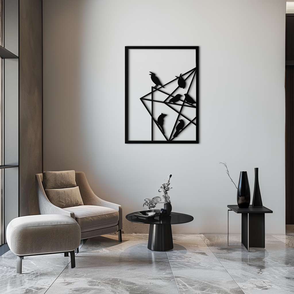Geometrik Kuşlar Toplanıyor Metal Duvar Sanatı – Modern Minimalist Siyah Duvar Dekoru- KAF549