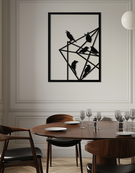 Geometric Birds Gathering Metal Wall Art – Modern Minimalist Black Wall Decor- KAF549