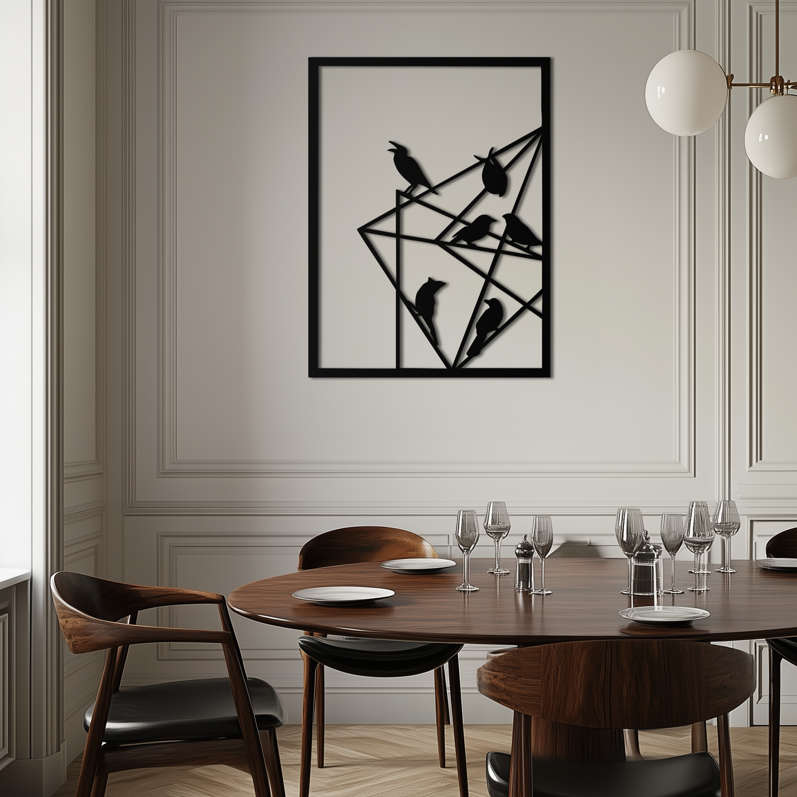 Geometrik Kuşlar Toplanıyor Metal Duvar Sanatı – Modern Minimalist Siyah Duvar Dekoru- KAF549