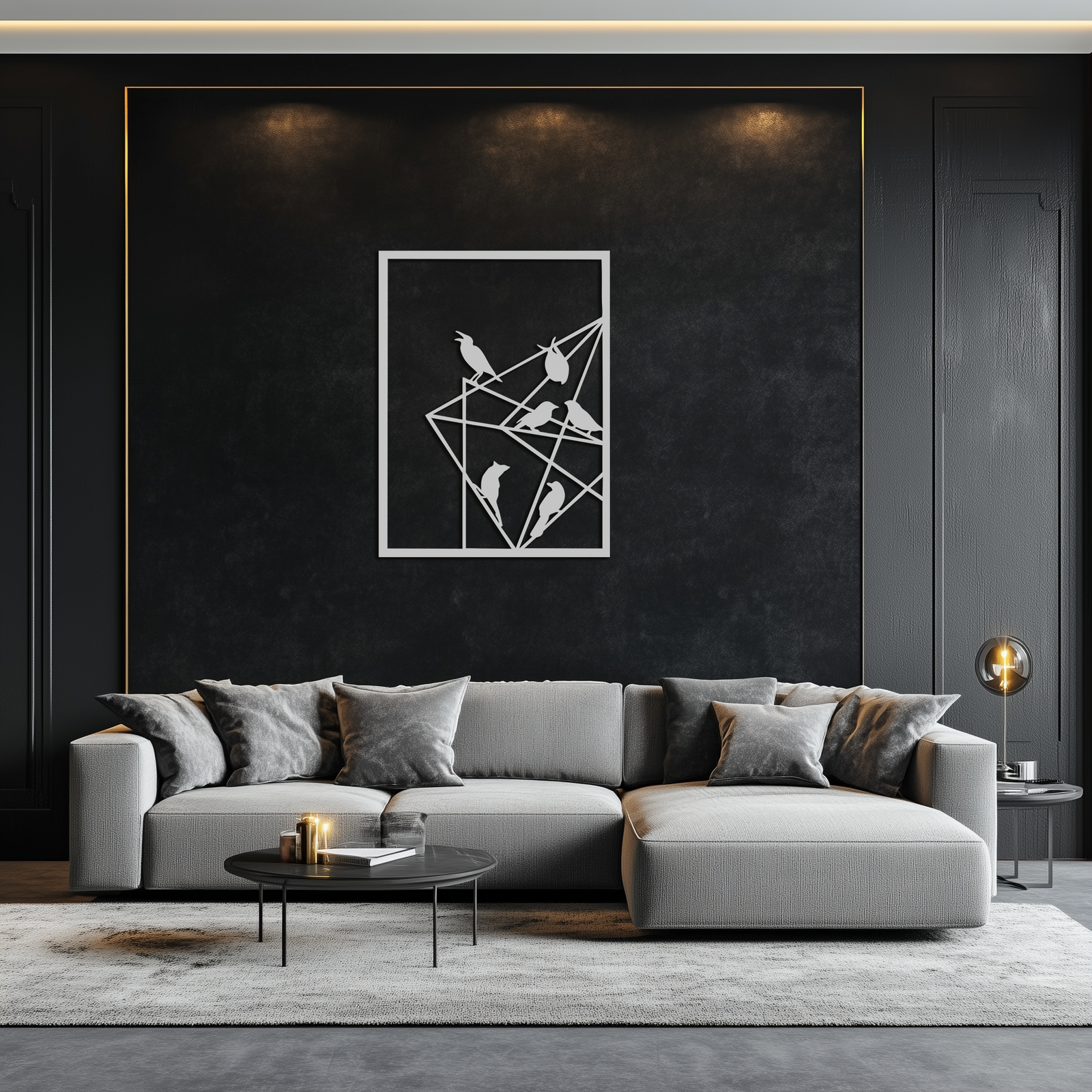 Geometrik Kuşlar Toplanıyor Metal Duvar Sanatı – Modern Minimalist Siyah Duvar Dekoru- KAF549