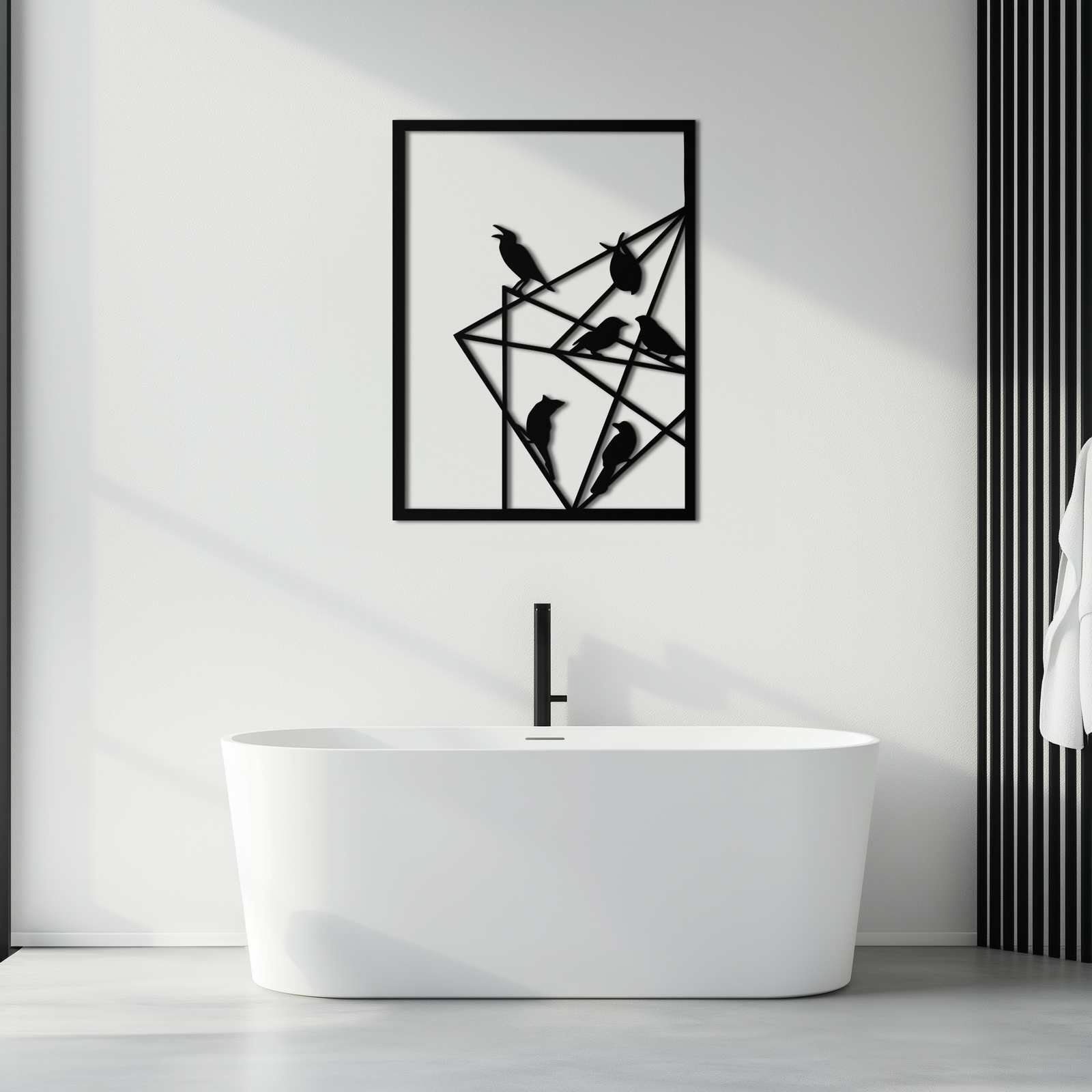 Geometrik Kuşlar Toplanıyor Metal Duvar Sanatı – Modern Minimalist Siyah Duvar Dekoru- KAF549
