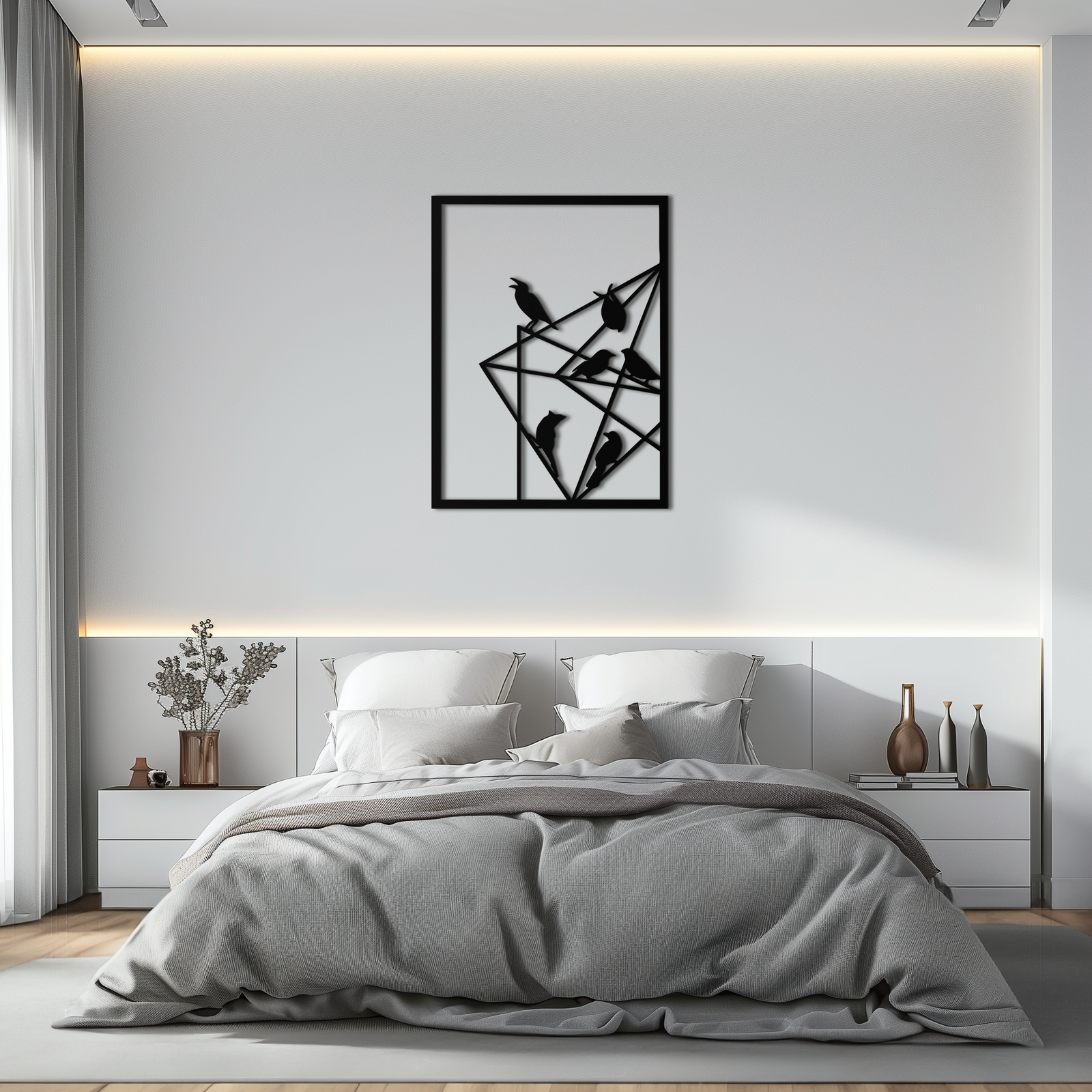 Geometrik Kuşlar Toplanıyor Metal Duvar Sanatı – Modern Minimalist Siyah Duvar Dekoru- KAF549