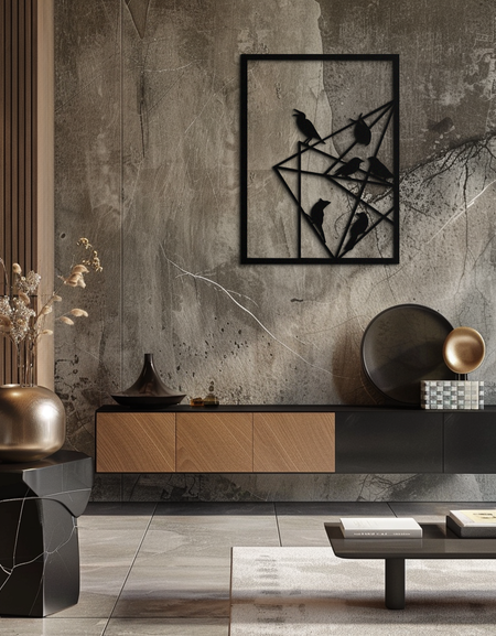 Geometric Birds Gathering Metal Wall Art – Modern Minimalist Black Wall Decor- KAF549