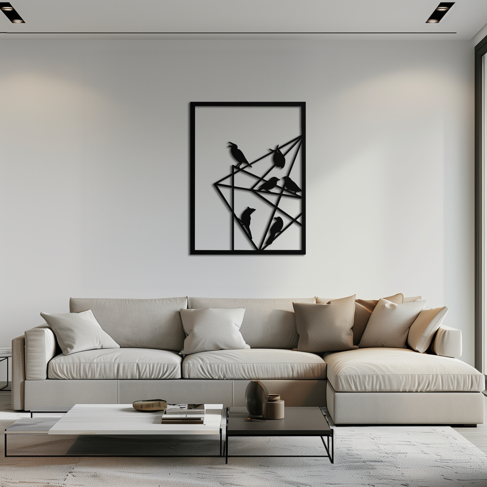 Geometrik Kuşlar Toplanıyor Metal Duvar Sanatı – Modern Minimalist Siyah Duvar Dekoru- KAF549