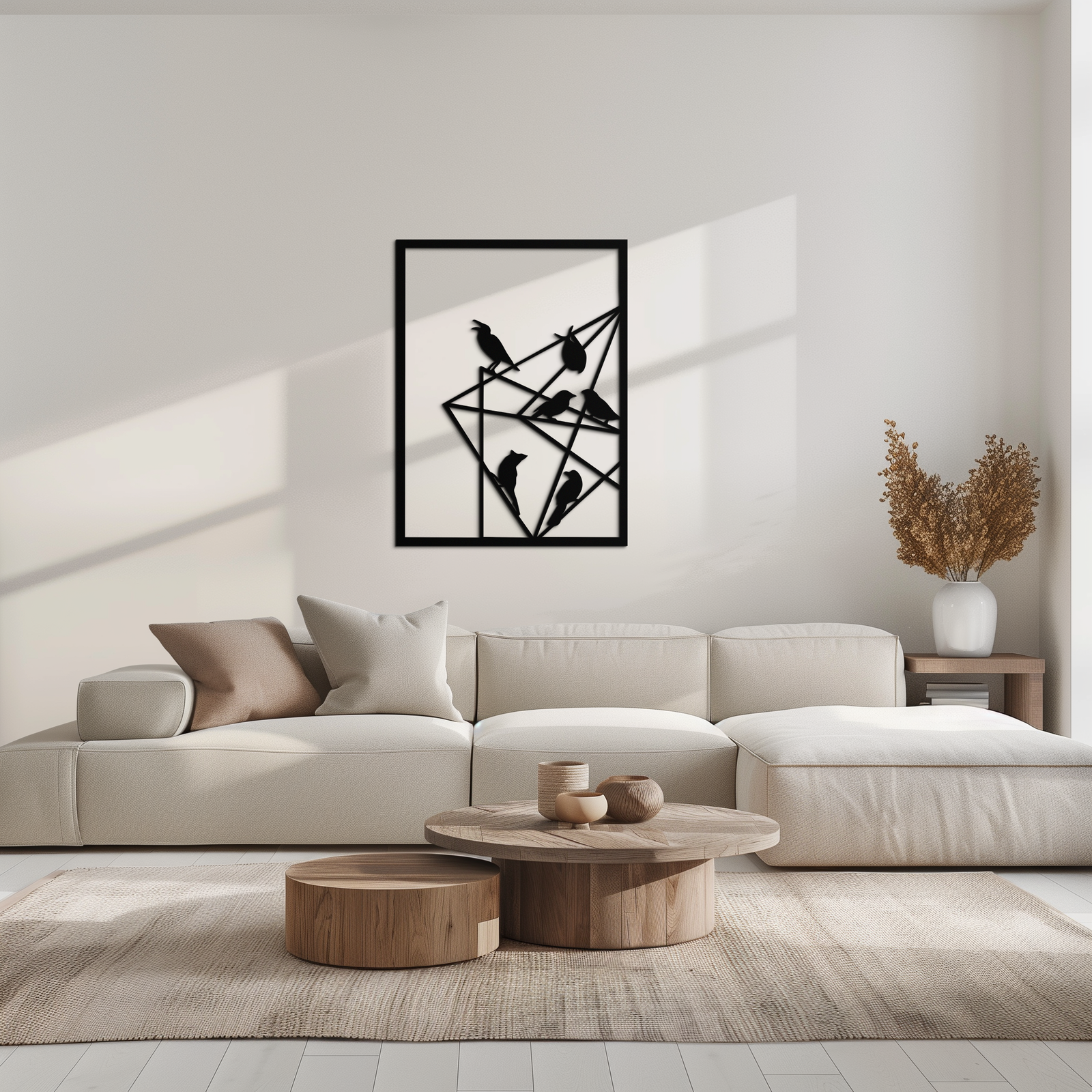 Geometrik Kuşlar Toplanıyor Metal Duvar Sanatı – Modern Minimalist Siyah Duvar Dekoru- KAF549