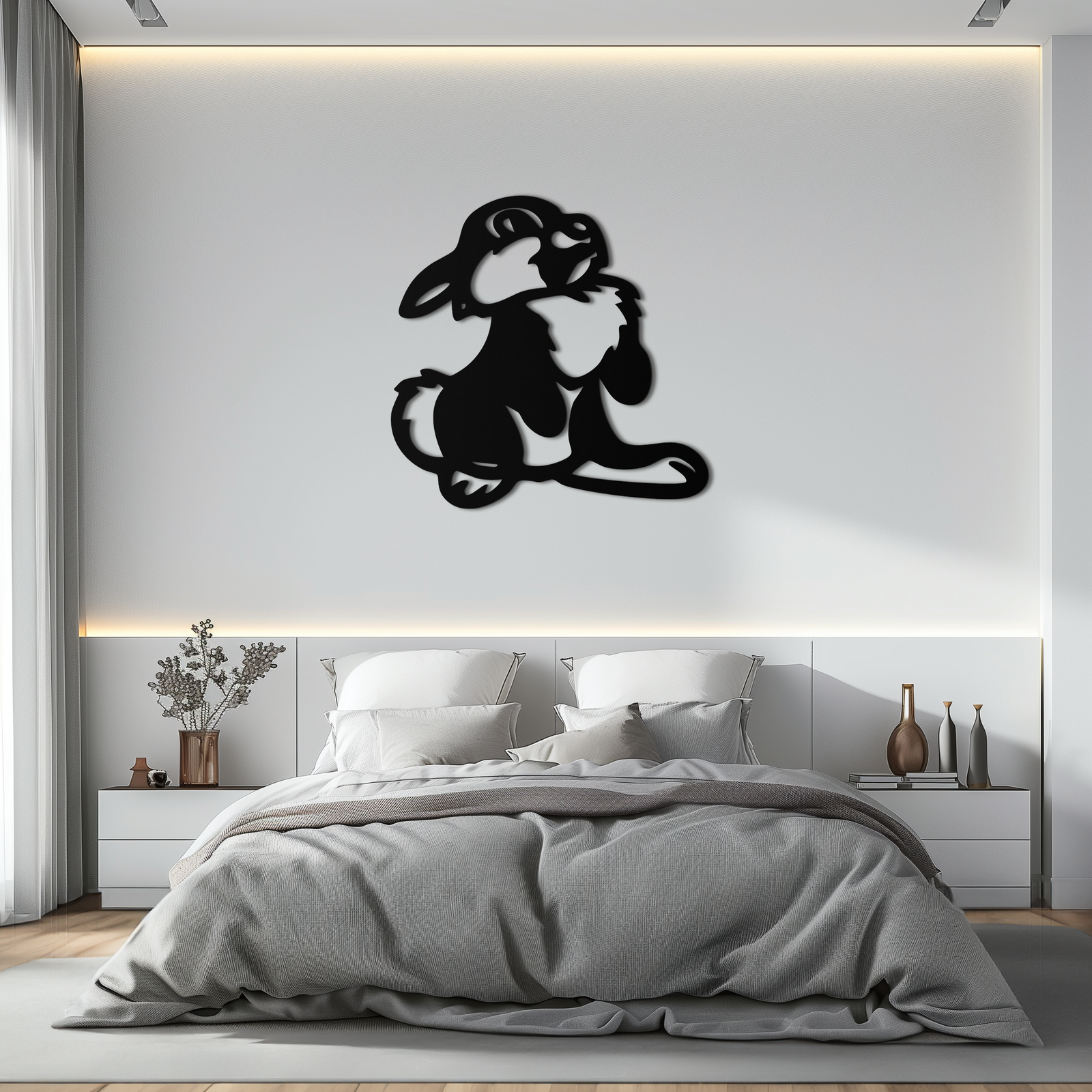 Cute Cartoon Bunny Metal Wall Art – Adorable Black Nursery Decor for Kids Room- KAF550