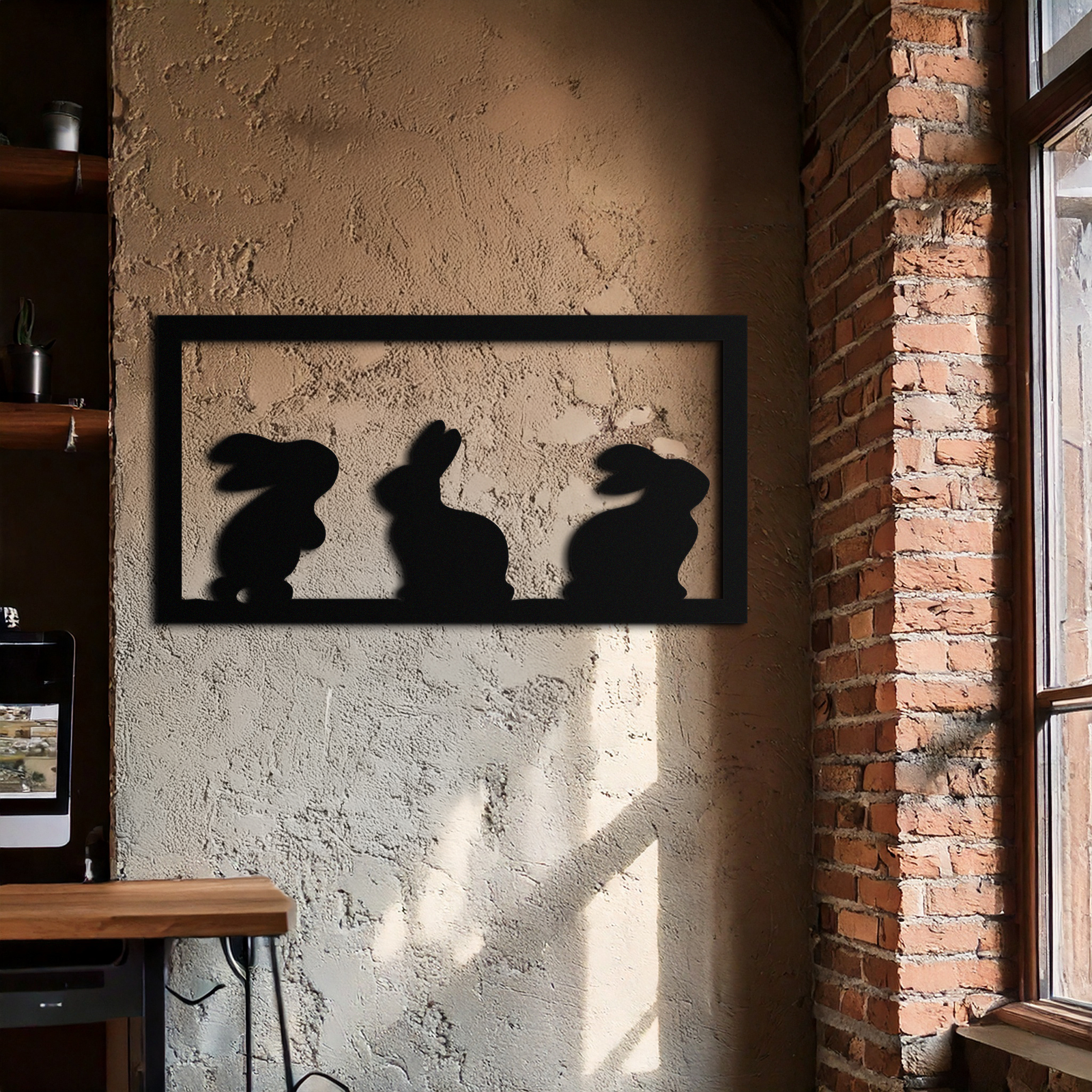 Three Bunny Silhouette Metal Wall Art – Minimalist Black Animal Decor for Nursery and Home- KAF551