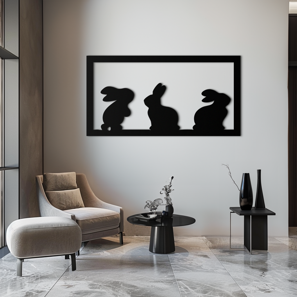 Three Bunny Silhouette Metal Wall Art – Minimalist Black Animal Decor for Nursery and Home- KAF551