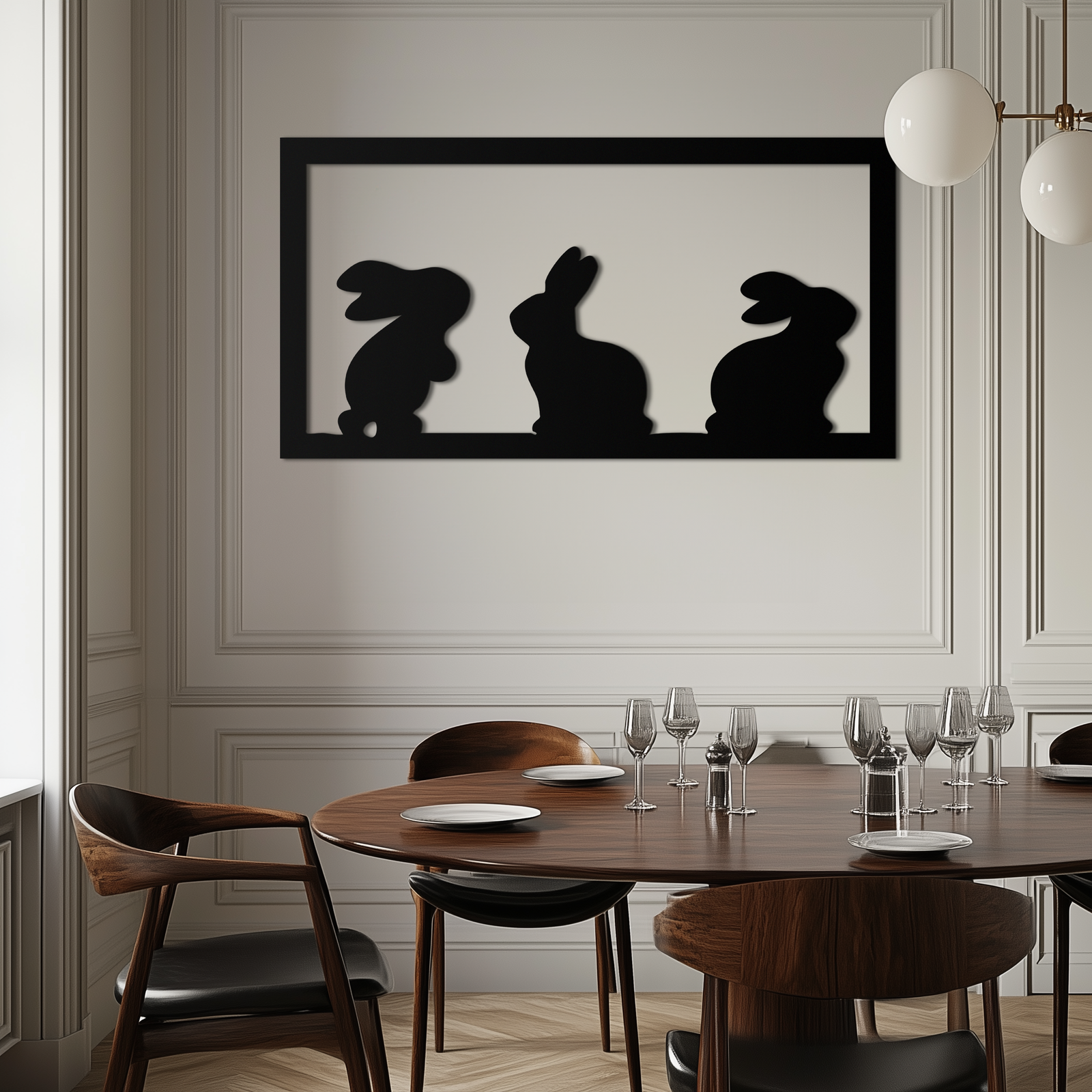 Three Bunny Silhouette Metal Wall Art – Minimalist Black Animal Decor for Nursery and Home- KAF551