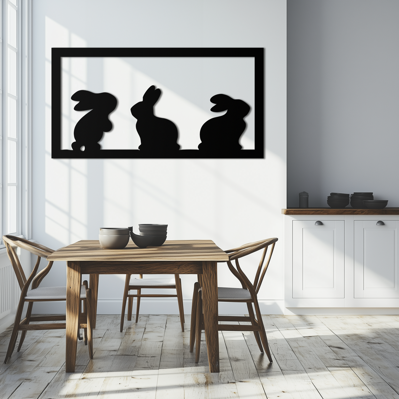 Three Bunny Silhouette Metal Wall Art – Minimalist Black Animal Decor for Nursery and Home- KAF551