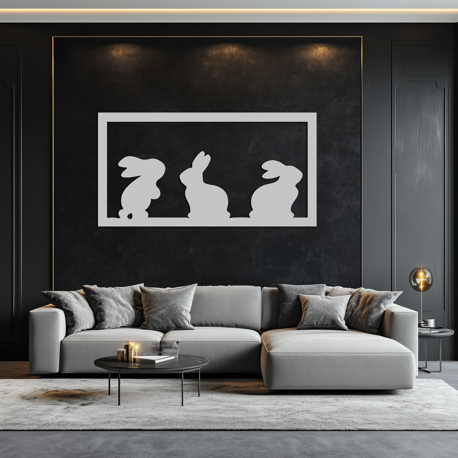 Three Bunny Silhouette Metal Wall Art – Minimalist Black Animal Decor for Nursery and Home- KAF551