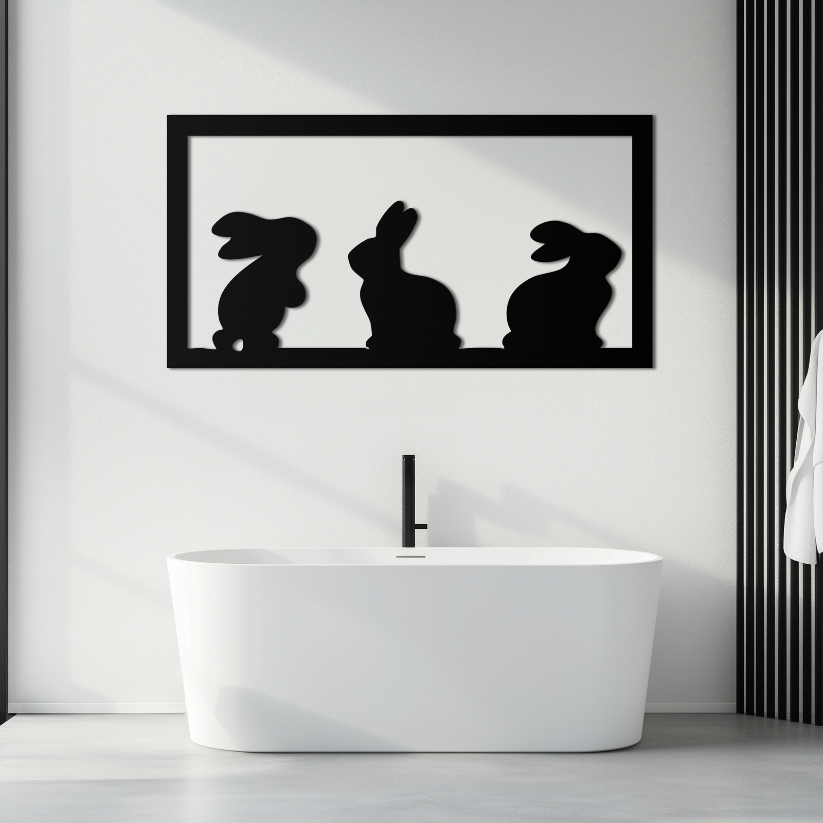 Three Bunny Silhouette Metal Wall Art – Minimalist Black Animal Decor for Nursery and Home- KAF551