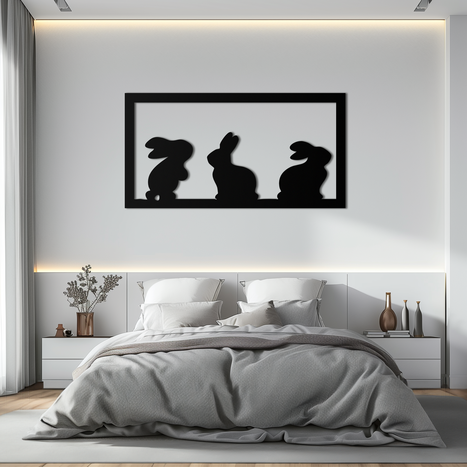 Three Bunny Silhouette Metal Wall Art – Minimalist Black Animal Decor for Nursery and Home- KAF551