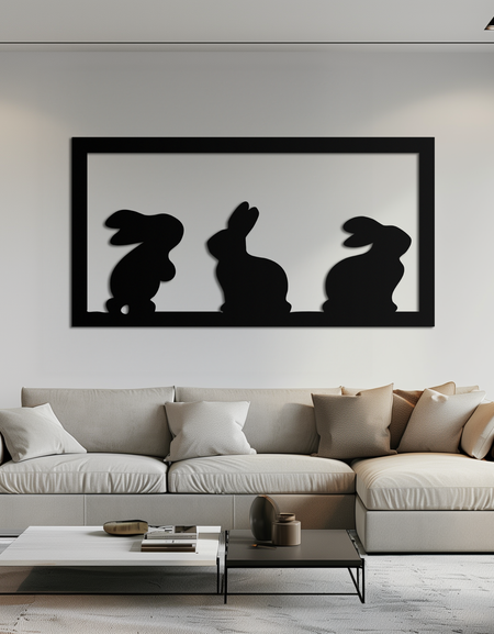 Üç Tavşan Silüeti Metal Duvar Sanatı – Minimalist Siyah Hayvan Dekoru Kreş ve Ev İçin - KAF551