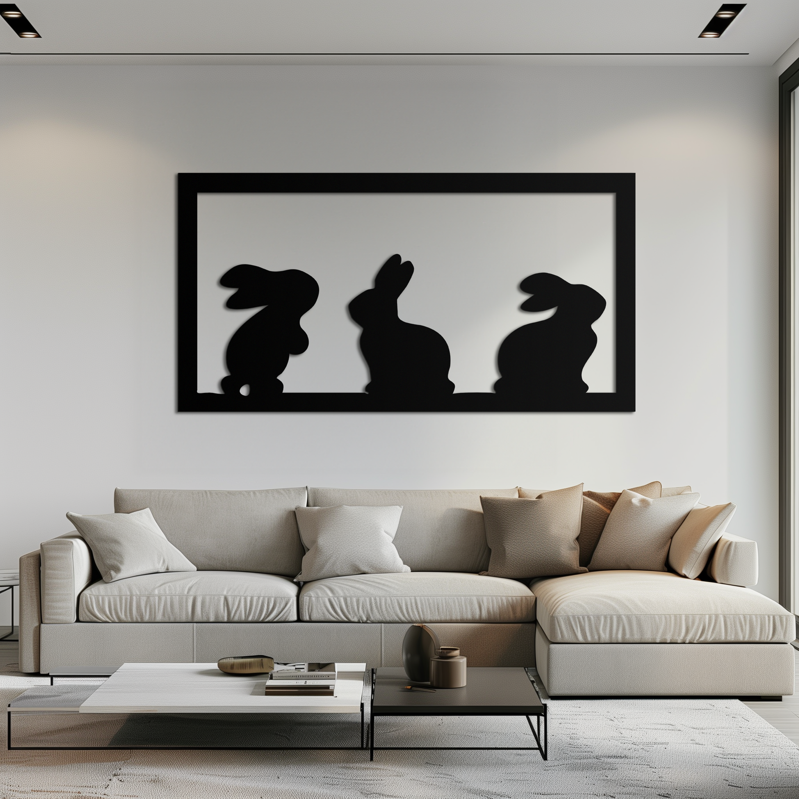 Three Bunny Silhouette Metal Wall Art – Minimalist Black Animal Decor for Nursery and Home- KAF551