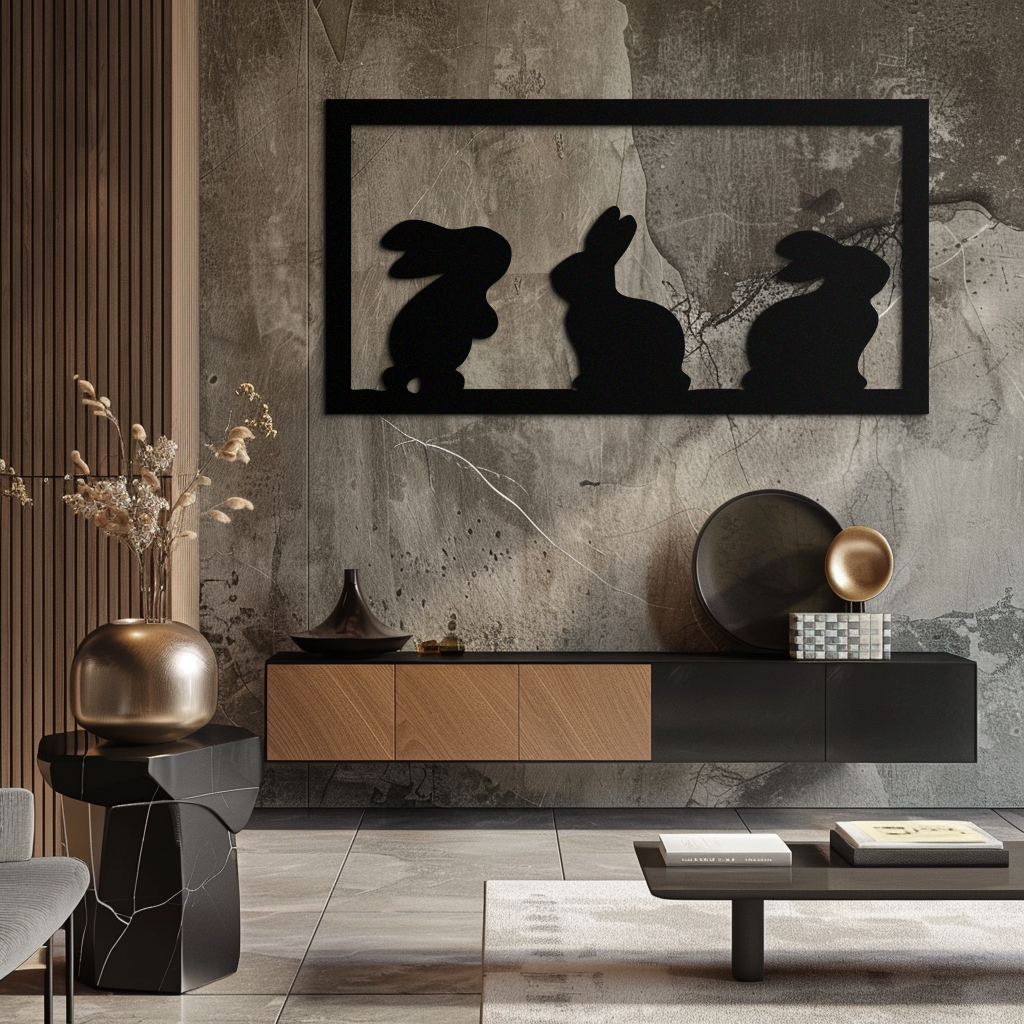 Three Bunny Silhouette Metal Wall Art – Minimalist Black Animal Decor for Nursery and Home- KAF551