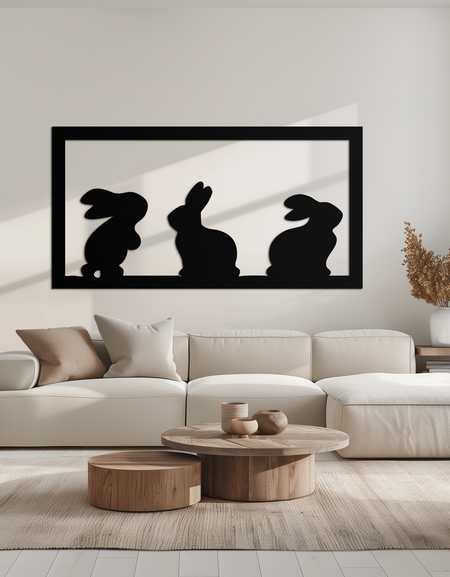 Üç Tavşan Silüeti Metal Duvar Sanatı – Minimalist Siyah Hayvan Dekoru Kreş ve Ev İçin - KAF551