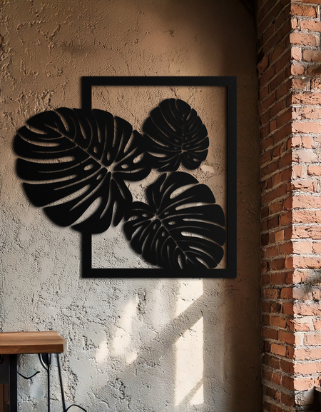 Monstera Yaprak Metal Duvar Sanatı – Oturma Odası İçin Modern Tropikal Siyah Duvar Dekoru- KAF552