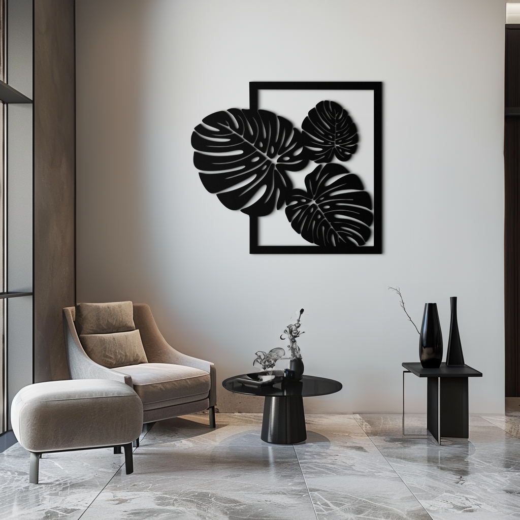 Monstera Leaf Metal Wall Art – Modern Tropical Black Wall Decor for Living Room- KAF552