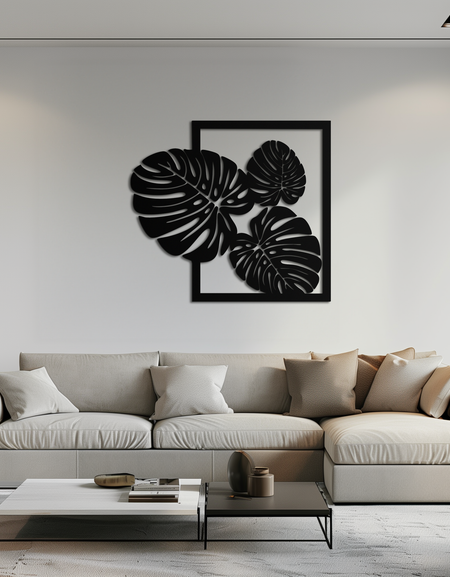 Monstera Yaprak Metal Duvar Sanatı – Oturma Odası İçin Modern Tropikal Siyah Duvar Dekoru- KAF552