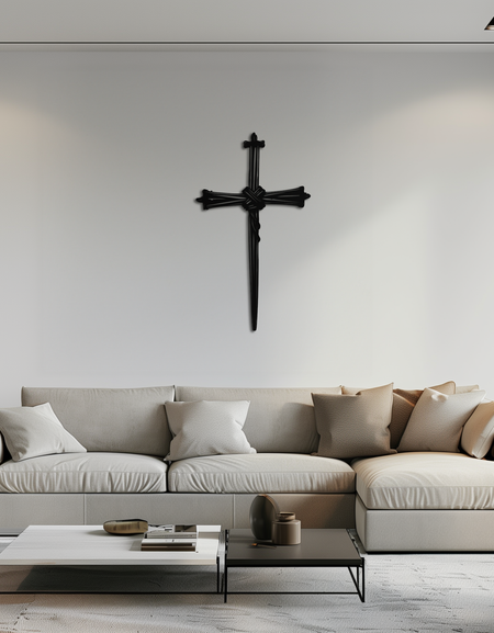 Hristiyan Dikenli Tel Haç Metal Duvar Sanatı – Dini Rustik Ev Dekoru- KAF553