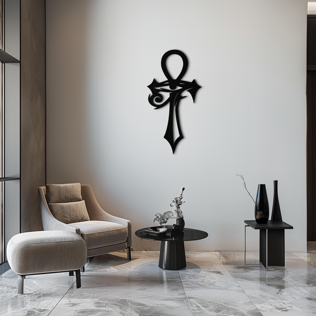 Egyptian Ankh Cross with Eye of Horus Metal Wall Art – Spiritual Symbol Black Wall Decor- KAF557