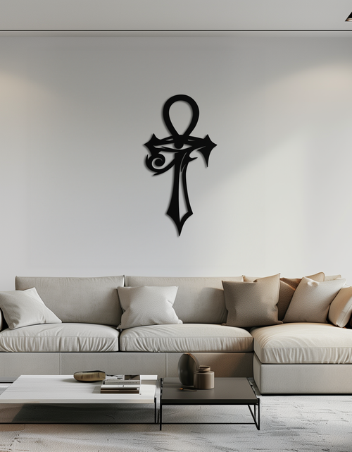 Load image into Gallery viewer, Egyptian Ankh Cross with Eye of Horus Metal Wall Art – Spiritual Symbol Black Wall Decor- KAF557
