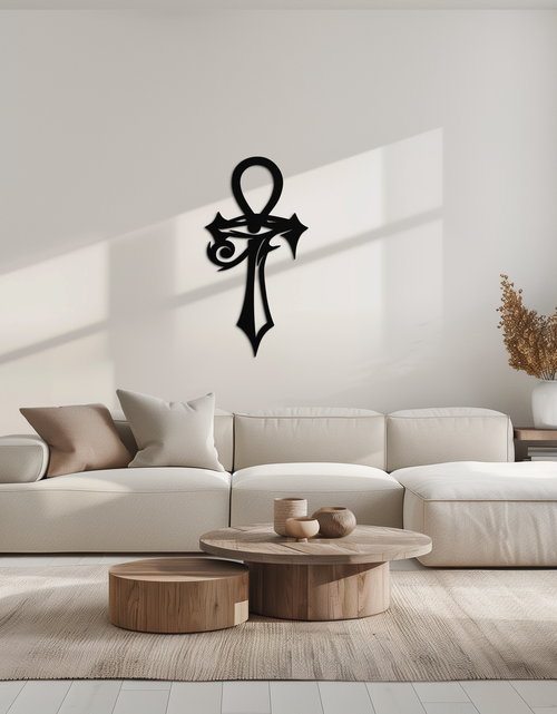 Load image into Gallery viewer, Egyptian Ankh Cross with Eye of Horus Metal Wall Art – Spiritual Symbol Black Wall Decor- KAF557
