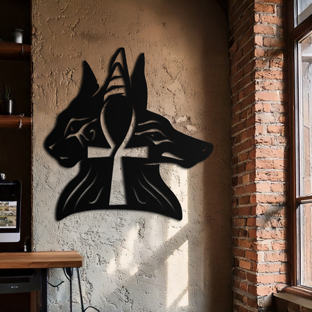 Egyptian Cat and Jackal Metal Wall Art – Ankh Cross Black Wall Decor- KAF558
