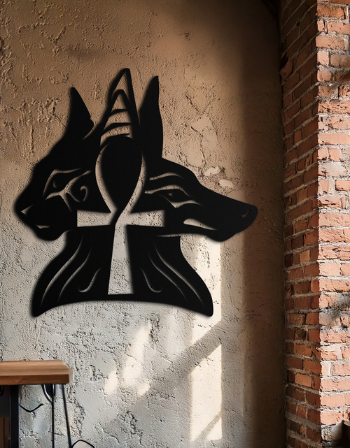 Load image into Gallery viewer, Egyptian Cat and Jackal Metal Wall Art – Ankh Cross Black Wall Decor- KAF558
