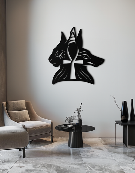 Egyptian Cat and Jackal Metal Wall Art – Ankh Cross Black Wall Decor- KAF558