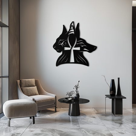 Egyptian Cat and Jackal Metal Wall Art – Ankh Cross Black Wall Decor- KAF558
