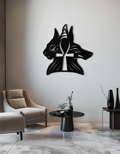 Load image into Gallery viewer, Egyptian Cat and Jackal Metal Wall Art – Ankh Cross Black Wall Decor- KAF558
