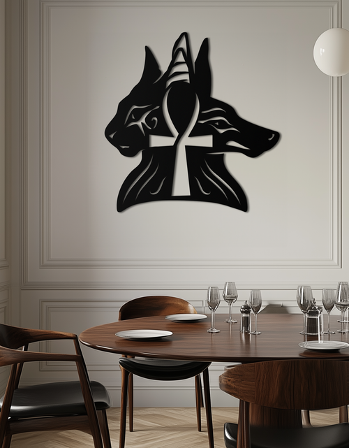 Load image into Gallery viewer, Egyptian Cat and Jackal Metal Wall Art – Ankh Cross Black Wall Decor- KAF558

