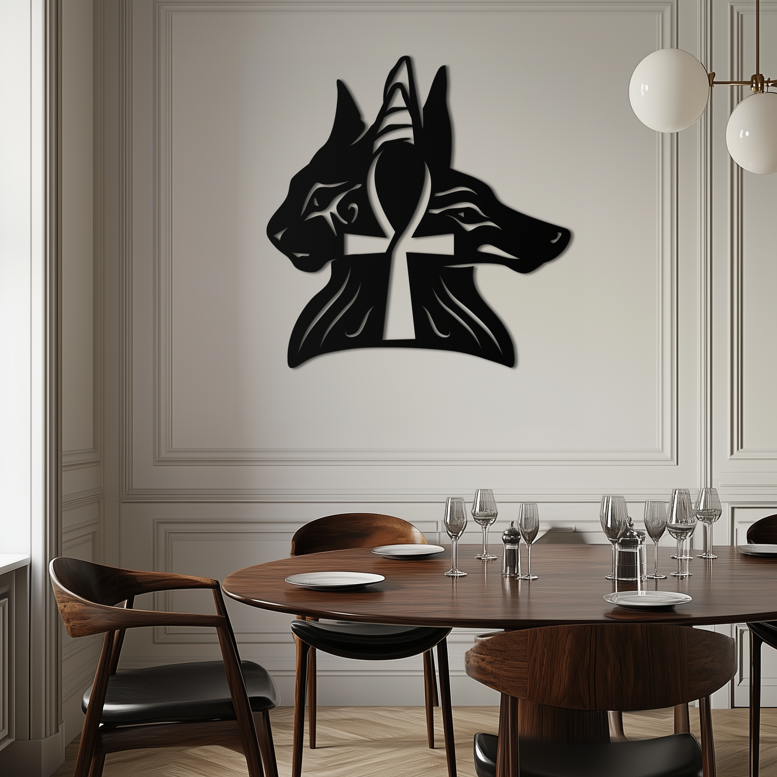 Egyptian Cat and Jackal Metal Wall Art – Ankh Cross Black Wall Decor- KAF558
